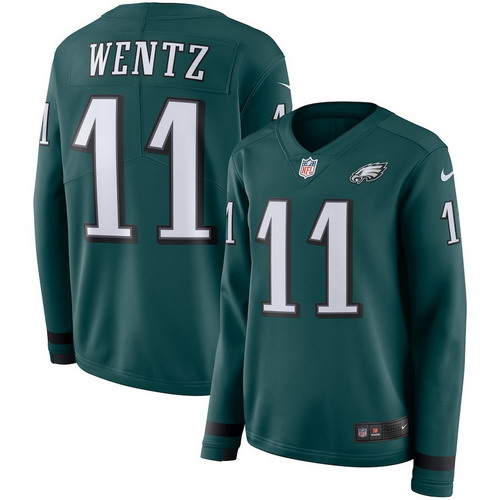 Personalized Eagles 11 Carson Wentz Green Women Therma Long Sleeve Jersey