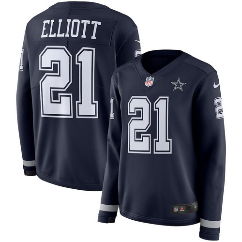 Personalized Cowboys 21 Ezekiel Elliott Navy Women Therma Long Sleeve Jersey