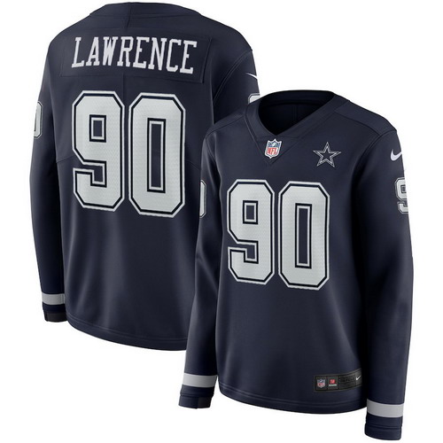 Personalized Cowboys 90 Demarcus Lawrence Navy Women Therma Long Sleeve Jersey