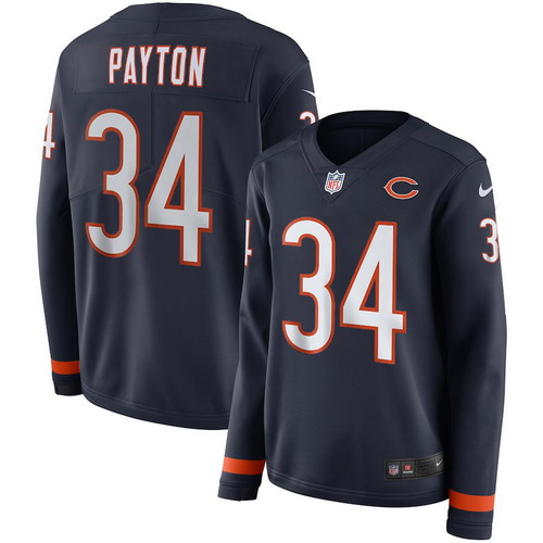 Personalized Bears 34 Walter Payton Navy Women Therma Long Sleeve Jersey