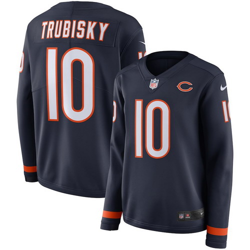 Personalized Bears 10 Mitchell Trubisky Navy Women Therma Long Sleeve Jersey