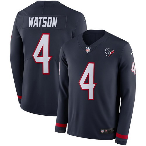 Personalized Texans 4 Deshaun Watson Navy Therma Long Sleeve Jersey