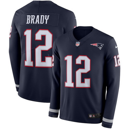 Personalized Patriots 12 Tom Brady Navy Therma Long Sleeve Jersey
