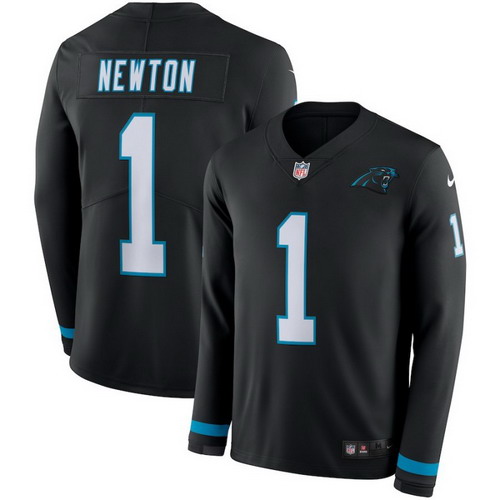 Personalized Panthers 1 Cam Newton Black Therma Long Sleeve Jersey