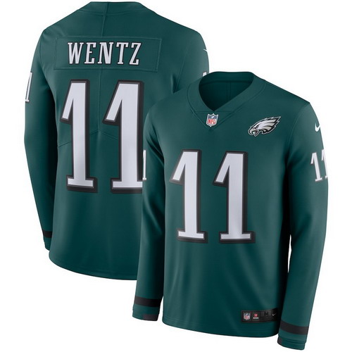 Personalized Eagles 11 Carson Wentz Green Therma Long Sleeve Jersey