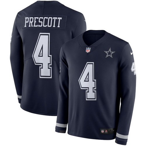 Personalized Cowboys 4 Dak Prescott Navy Therma Long Sleeve Jersey