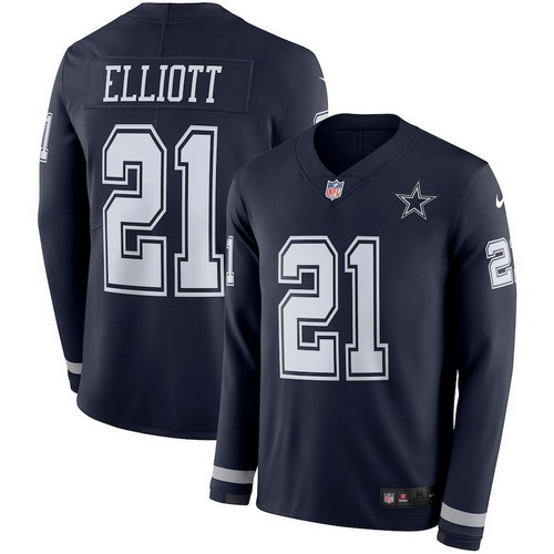 Personalized Cowboys 21 Ezekiel Elliott Navy Therma Long Sleeve Jersey