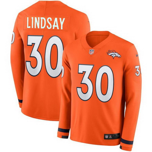 Personalized Broncos 30 Phillip Lindsay Orange Therma Long Sleeve Jersey