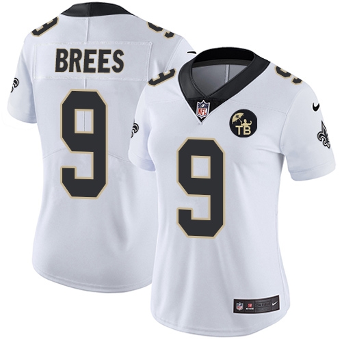 Personalized Women Saints 9 Drew Brees White Women W Tom Benson Patch Untouchable Limited Jersey