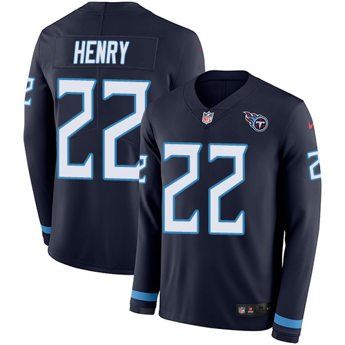 Personalized Titans #22 Derrick Henry Navy Blue Team Color Men’s Stitched NFL Limited Therma Long Sleeve Jersey