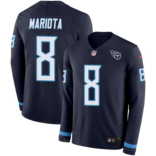 Personalized Titans #8 Marcus Mariota Navy Blue Team Color Men’s Stitched NFL Limited Therma Long Sleeve Jersey