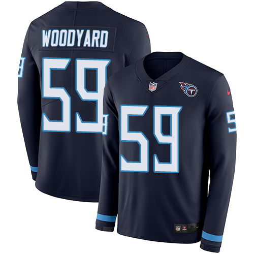 Personalized Titans #59 Wesley Woodyard Navy Blue Team Color Men’s Stitched NFL Limited Therma Long Sleeve Jersey