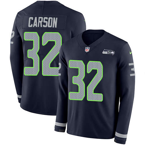 Personalized Seahawks #32 Chris Carson Steel Blue Team Color Men’s Stitched NFL Limited Therma Long Sleeve Jersey