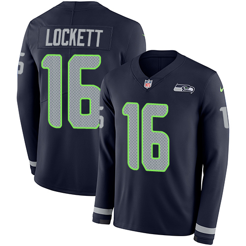 Personalized Seahawks #16 Tyler Lockett Steel Blue Team Color Men’s Stitched NFL Limited Therma Long Sleeve Jersey
