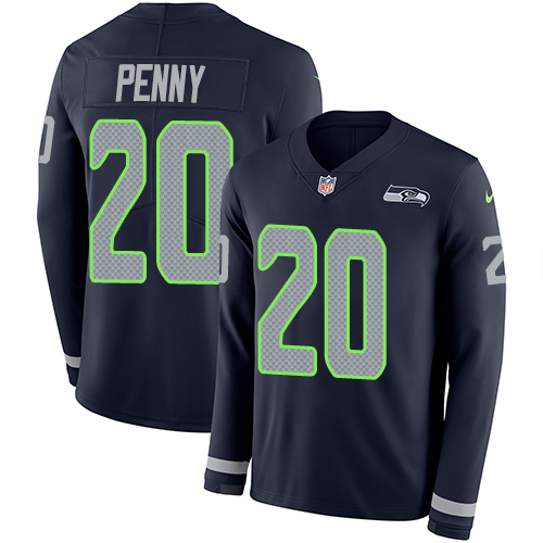 Personalized Seahawks #20 Rashaad Penny Steel Blue Team Color Men’s Stitched NFL Limited Therma Long Sleeve Jersey