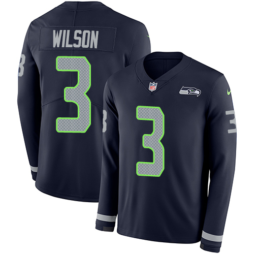 Personalized Seahawks #3 Russell Wilson Steel Blue Team Color Men’s Stitched NFL Limited Therma Long Sleeve Jersey