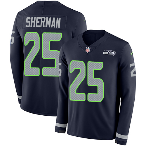 Personalized Seahawks #25 Richard Sherman Steel Blue Team Color Men’s Stitched NFL Limited Therma Long Sleeve Jersey