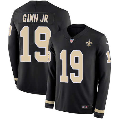 Personalized Saints #19 Ted Ginn Jr Black Team Color Men’s Stitched NFL Limited Therma Long Sleeve Jersey