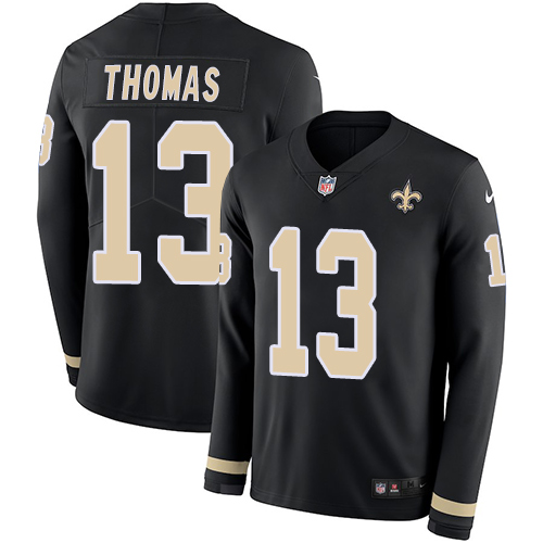 Personalized Saints #13 Michael Thomas Black Team Color Men’s Stitched NFL Limited Therma Long Sleeve Jersey
