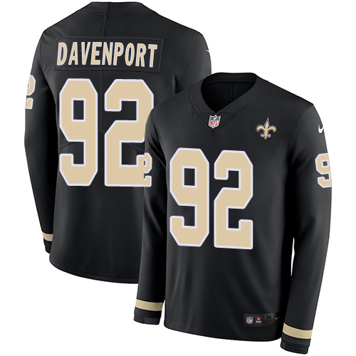 Personalized Saints #92 Marcus Davenport Black Team Color Men’s Stitched NFL Limited Therma Long Sleeve Jersey