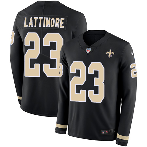 Personalized Saints #23 Marshon Lattimore Black Team Color Men’s Stitched NFL Limited Therma Long Sleeve Jersey