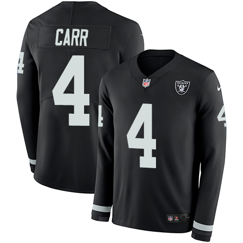Personalized Raiders #4 Derek Carr Black Team Color Men’s Stitched NFL Limited Therma Long Sleeve Jersey