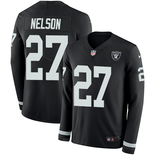 Personalized Raiders #27 Reggie Nelson Black Team Color Men’s Stitched NFL Limited Therma Long Sleeve Jersey