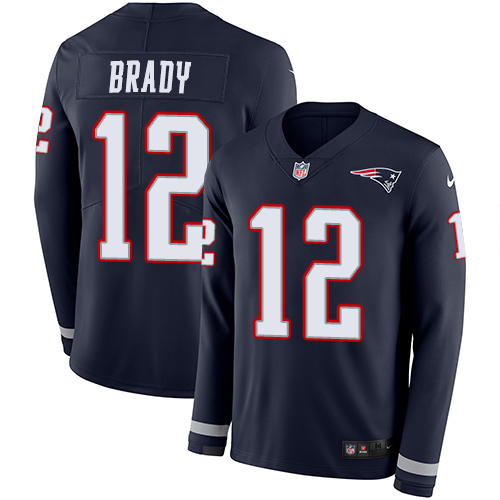Personalized Patriots #12 Tom Brady Navy Blue Team Color Men’s Stitched NFL Limited Therma Long Sleeve Jersey