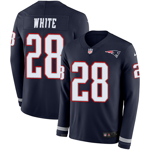 Personalized Patriots #28 James White Navy Blue Team Color Men’s Stitched NFL Limited Therma Long Sleeve Jersey