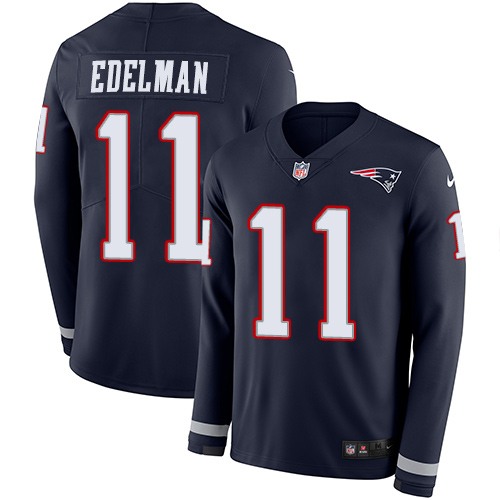 Personalized Patriots #11 Julian Edelman Navy Blue Team Color Men’s Stitched NFL Limited Therma Long Sleeve Jersey
