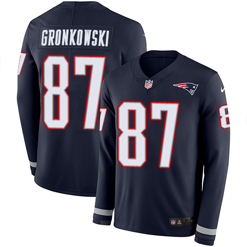 Personalized Patriots #87 Rob Gronkowski Navy Blue Team Color Men’s Stitched NFL Limited Therma Long Sleeve Jersey
