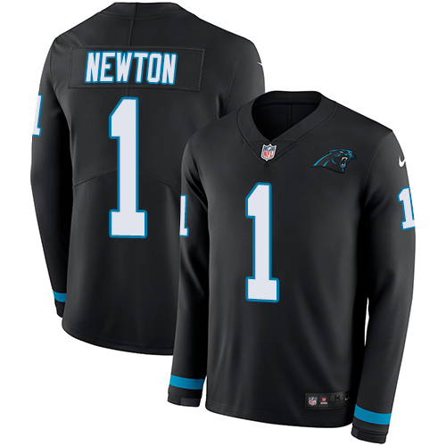 Personalized Panthers #1 Cam Newton Black Team Color Men’s Stitched NFL Limited Therma Long Sleeve Jersey