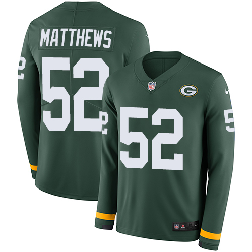Personalized Packers #52 Clay Matthews Green Team Color Men’s Stitched NFL Limited Therma Long Sleeve Jersey