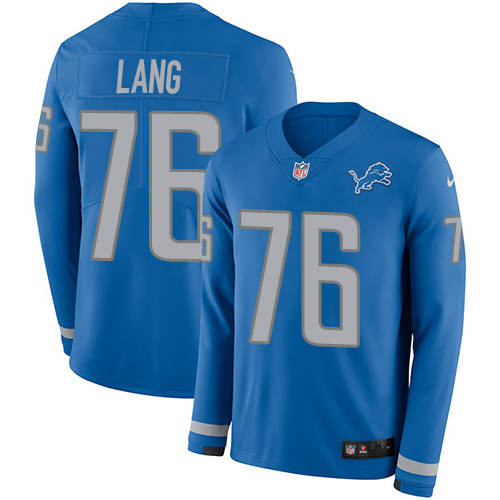 Personalized Lions #76 T.J. Lang Blue Team Color Men’s Stitched NFL Limited Therma Long Sleeve Jersey