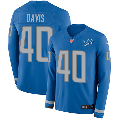 Personalized Lions #40 Jarrad Davis Blue Team Color Men’s Stitched NFL Limited Therma Long Sleeve Jersey