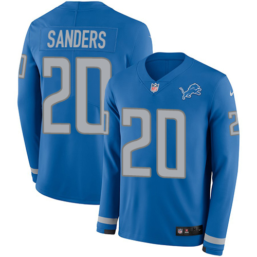 Personalized Lions #20 Barry Sanders Blue Team Color Men’s Stitched NFL Limited Therma Long Sleeve Jersey