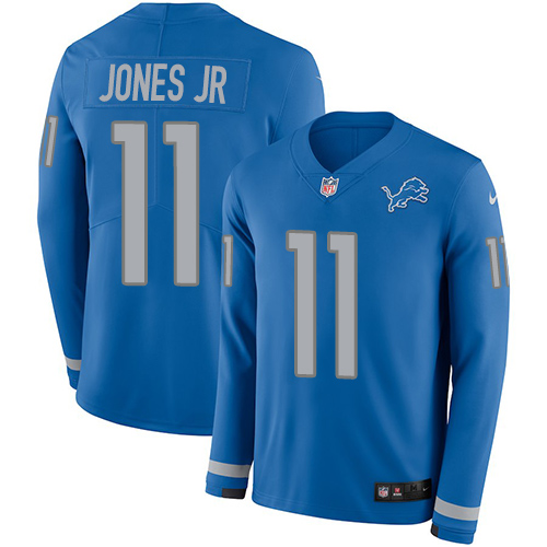 Personalized Lions #11 Marvin Jones Jr Blue Team Color Men’s Stitched NFL Limited Therma Long Sleeve Jersey