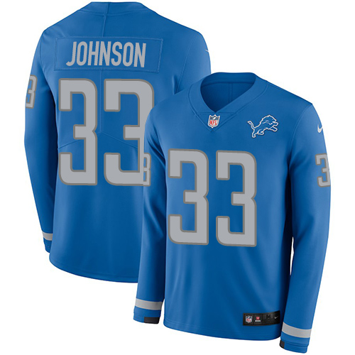 Personalized Lions #33 Kerryon Johnson Blue Team Color Men’s Stitched NFL Limited Therma Long Sleeve Jersey