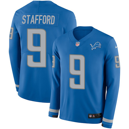 Personalized Lions #9 Matthew Stafford Blue Team Color Men’s Stitched NFL Limited Therma Long Sleeve Jersey