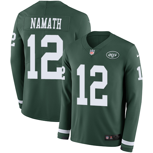 Personalized Jets #12 Joe Namath Green Team Color Men’s Stitched NFL Limited Therma Long Sleeve Jersey