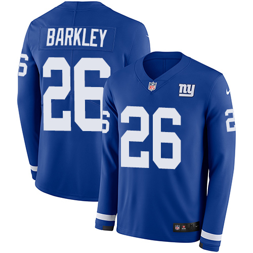 Personalized Giants #26 Saquon Barkley Royal Blue Team Color Men’s Stitched NFL Limited Therma Long Sleeve Jersey
