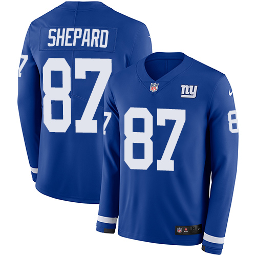 Personalized Giants #87 Sterling Shepard Royal Blue Team Color Men’s Stitched NFL Limited Therma Long Sleeve Jersey