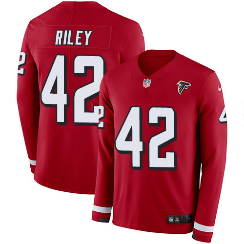 Personalized Falcons #42 Duke Riley Red Team Color Men’s Stitched NFL Limited Therma Long Sleeve Jersey