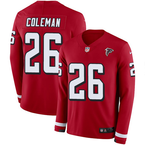 Personalized Falcons #26 Tevin Coleman Red Team Color Men’s Stitched NFL Limited Therma Long Sleeve Jersey