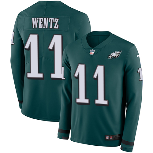 Personalized Eagles #11 Carson Wentz Midnight Green Team Color Men’s Stitched NFL Limited Therma Long Sleeve Jersey