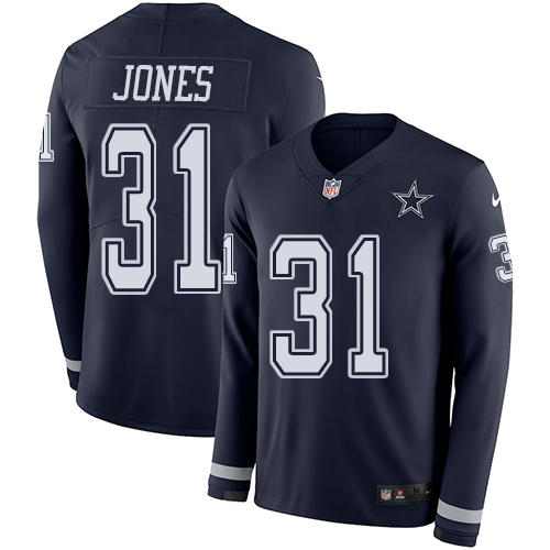 Personalized Cowboys #31 Byron Jones Navy Blue Team Color Men’s Stitched NFL Limited Therma Long Sleeve Jersey