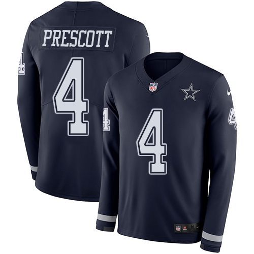 Personalized Cowboys #4 Dak Prescott Navy Blue Team Color Men’s Stitched NFL Limited Therma Long Sleeve Jersey