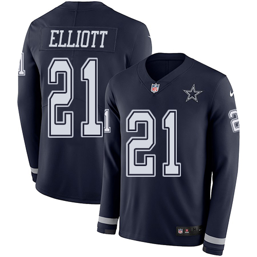 Personalized Cowboys #21 Ezekiel Elliott Navy Blue Team Color Men’s Stitched NFL Limited Therma Long Sleeve Jersey