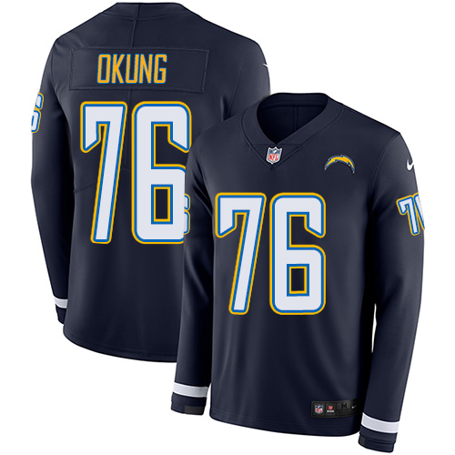 Personalized Chargers #76 Russell Okung Navy Blue Team Color Men’s Stitched NFL Limited Therma Long Sleeve Jersey