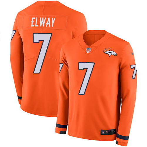 Personalized Broncos #7 John Elway Orange Team Color Men’s Stitched NFL Limited Therma Long Sleeve Jersey